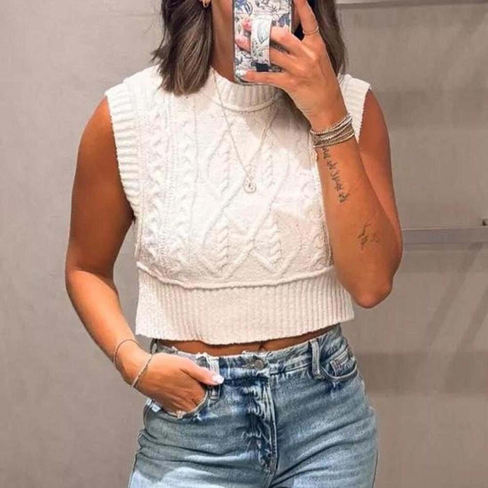 Free People White Cable Knit Cropped Sweater Vest